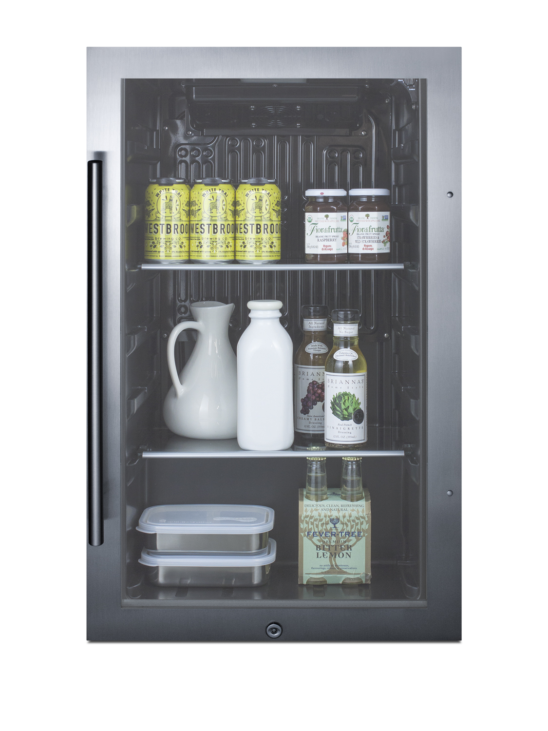 Commercially approved outdoor beverage cooler for built-in or freestanding use with a shallow 17